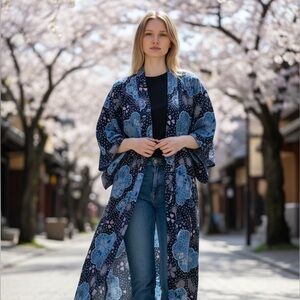 Vintage Kyoto Blue Floral Long Cotton Kimono